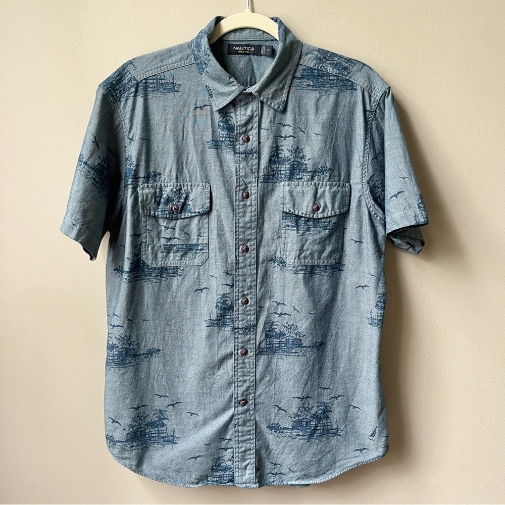 Nautica Shirt Men's Medium Blue Tropical Cotton Lightweight Dad Cruise Summer